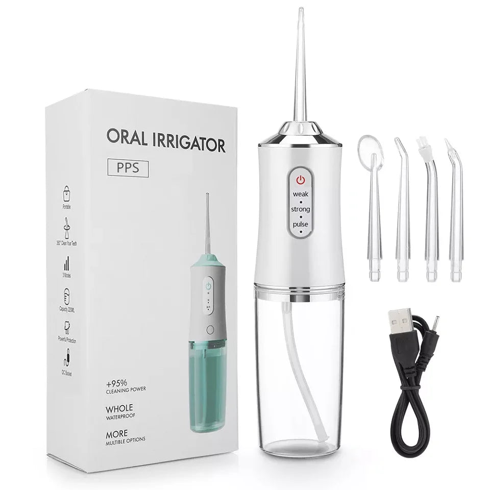 Irrigador Oral inalámbrico de 220ml, hilo Dental de agua para limpieza y blanqueamiento Dental, 3 modos de presión, 4 puntas de chorro, resistente al agua